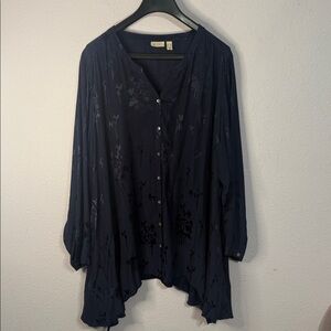 LOGO Women Navy Blue Silky Jacquard Floral Asymmetrical Blouse Size 3XL